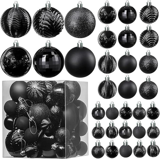 PREXTEX 36 Piece Christmas Ornaments Set - Black Shatterproof Balls in 6 Styles and 3 Sizes with Hanging Loops - Elegant Christmas Tree Decorations for Indoor and Outdoor Black Xmas Tree Display