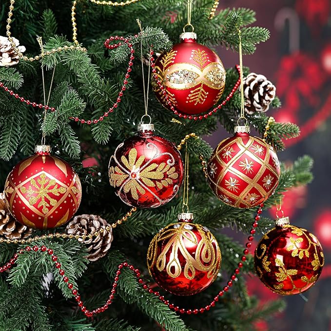 6 Pcs 3.15 Inch Glass Luxury Christmas Ball Red and Gold Ball Ornaments Glass Christmas Tree Decorations Luxury Hanging Ornaments for Xmas Tree Party Holiday Decor