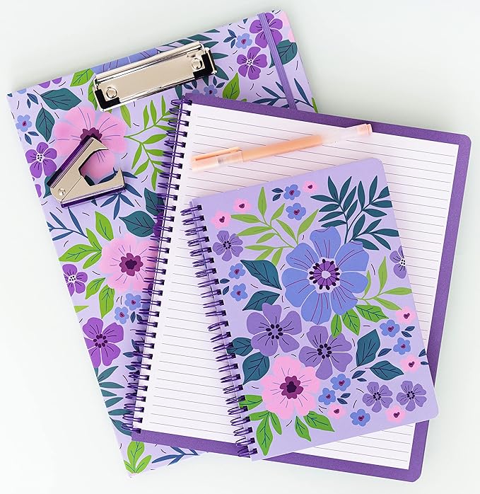 Steel Mill & Co Cute Large Spiral Notebook College Ruled, 11" x 9.5" with Durable Hardcover and 160 Lined Pages, Lilac Floral
