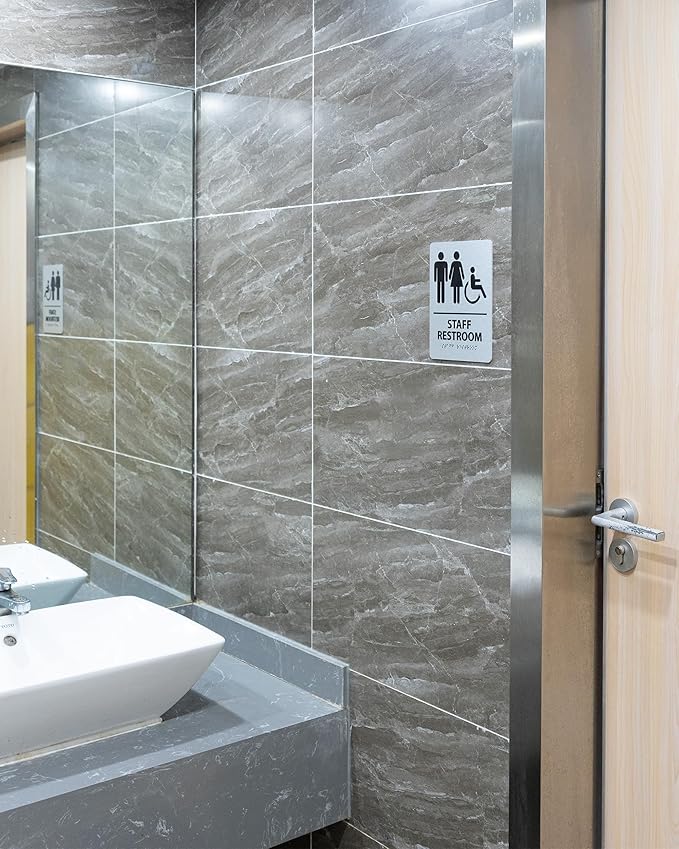 ADA-Compliant Employee Only Restroom Sign with Braille – Modern Aluminum Staff Bathroom Door Sign for Offices, Restaurants, Retail Stores, and Workplace with Easy Installation - 6" W x 8" H