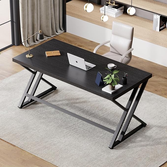 LVB Black Desk, Modern Gaming Writing Computer Desk for Home Office, Metal Wood Study Work PC Computer Table for Bedroom, Industrial Executive Student Workstation Desk, 47 Inch, Black Oak