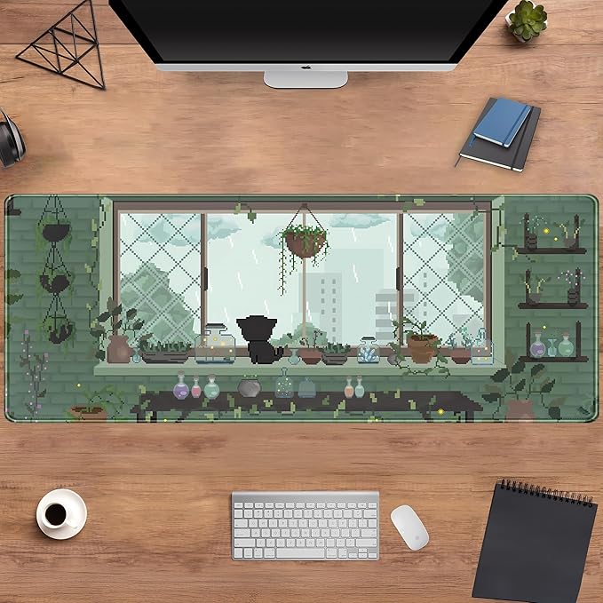 Green Kawaii Desk Mat Mousepad Pixel Plant Mouse Pad Gaming XL Large Desk Pad Anime Cat Desk Matt for Desktop, Computer Laptop Keyboard and Mouse Mat for Women Office Decor Accessories 31.5x11.8 in