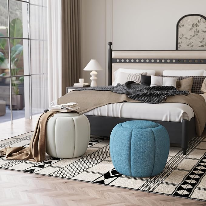 Storage Ottoman, Round Ottoman with Storage, Upholstered Soft Vanity Stool for Living Room, Foot Stool Ottoman for Bedroom, Entryway (Navy Blue)