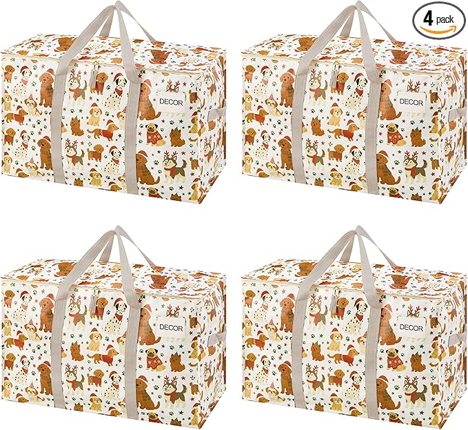 VENO 4 Pack Moving Bags and Large Christmas Storage Bins with lids. Alternative to Moving Boxes, Packing Supplies for College. Extra Large Heavy Duty Totes for Packaging (Holiday Pups, 4 Pack)