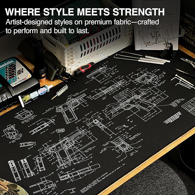 MPCO. Blueprints Large Gaming Desk Pad - 36" x 17" Aeroglyde Fabric Browning 1911 – Black Desk Mats - Non-Slip, Washable, Smooth Glide for Precision Gaming & Work