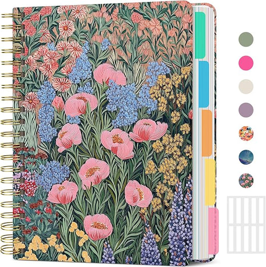 Hardcover Spiral Journal Notebooks for Work With Removable Dividers & Tabs, 8.5"x11" 5 Subject Notebook for Note Taking & Organizer, A4 College Ruled Lined Journal for Women & Writing, Blooming Symphony, 280 Pages