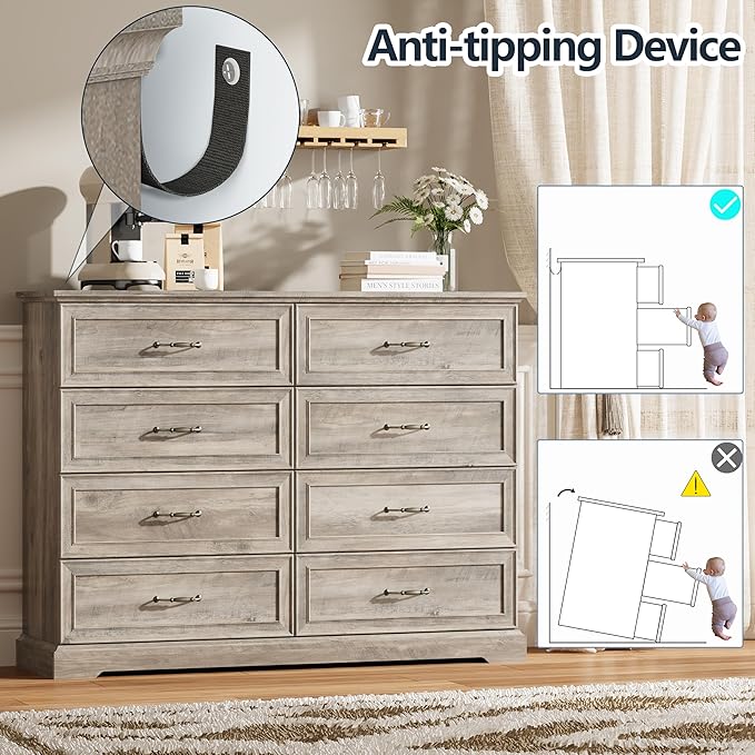 8 Drawer Dresser for Bedroom, 53" Wide Wooden Chest of Drawers, Rustic Farmhouse Dresser with Large Drawers & Metal Handles, Modern Storage Organizer for Closet, Living Room, Hallway, Grey