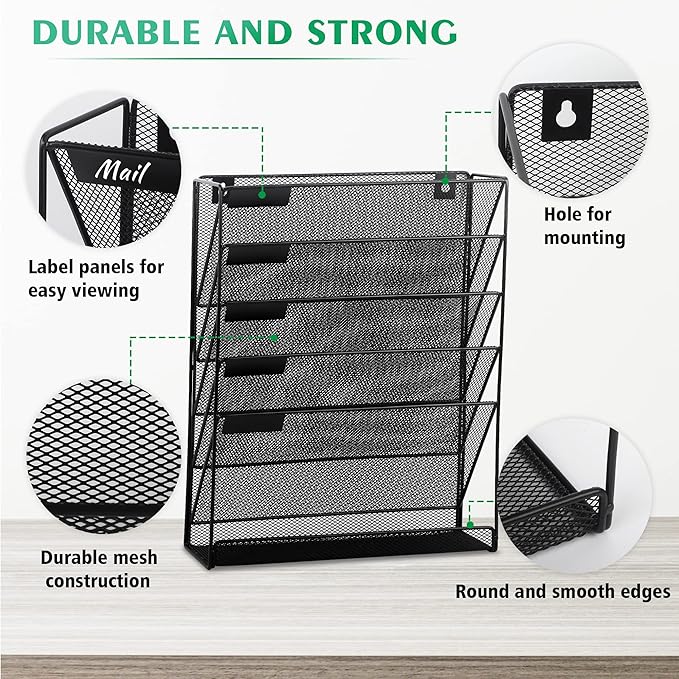 EASEPRES Desk File Organizer Mesh 6-Tier, Hanging Wall Mount Document Organization Stand, Desktop Vertical Mail Paper Folder Holder Rack with Bottom Tray for Office Home Cubicle Countertop, Black