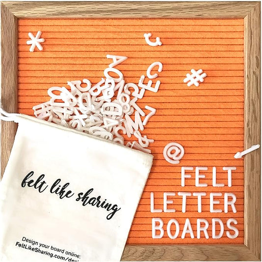 Neon Orange Felt Letter Board 10x10 inches. Changeable Letter Boards Include 300 White Plastic Letters & Oak Frame.