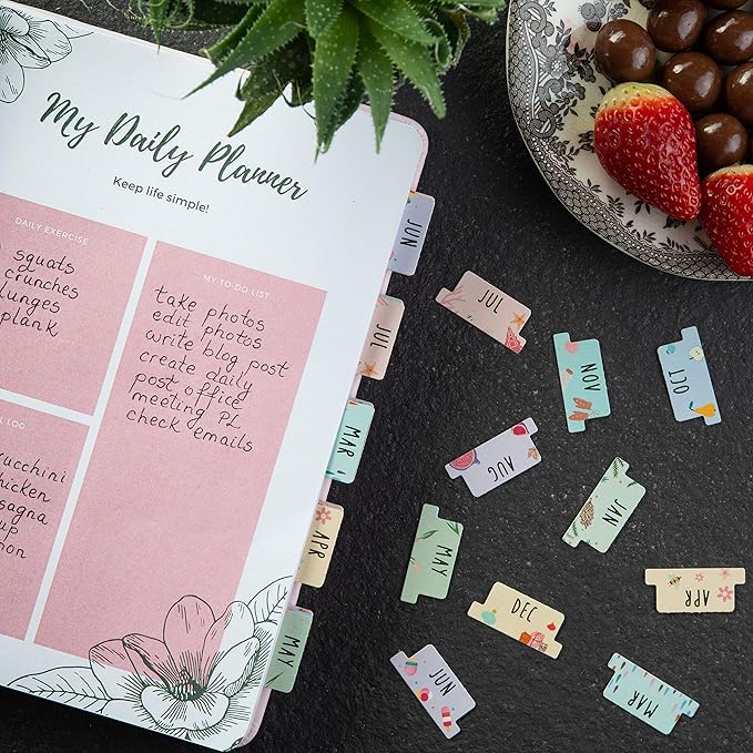 DiverseBee Laminated Planner Monthly Tabs, 24 Peel and Stick Tabs for Notebooks (12 Month Tabs and 12 Blank Tabs), Calendar Monthly Tab Stickers/Dividers (Assorted), Medium