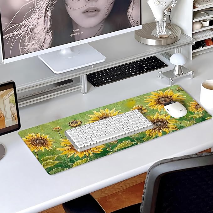 31.5”x11.8”Large Gaming Mouse Pad for Desk, Mouse Mat with Seamed Edges, Waterproof Desk Pad, Non-Slip Rubber Base, Keyboard Pad Computer Mat, Big XL Mousepad-Sunflowers On Green Oil Painting