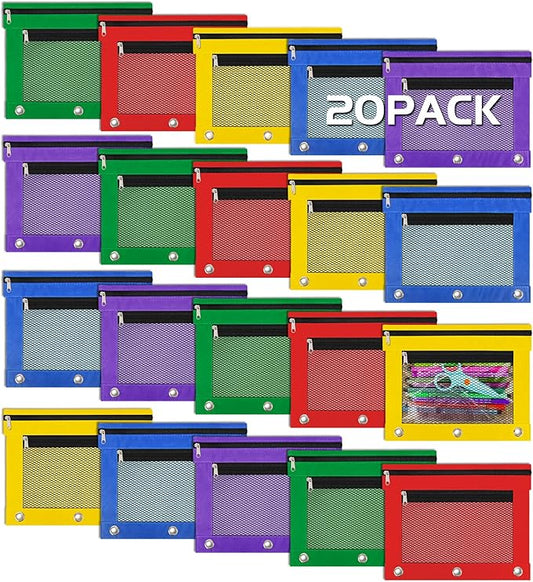 IKAYAS 20 Pack Pencil Pouch for 3 Ring Binder bulk Binder Pencil Pouch with Zipper, Pencil Pouches Pencil Bags for Classroom bulk Pencil Box Pencil Case for Storing School Students Teacher Supplies