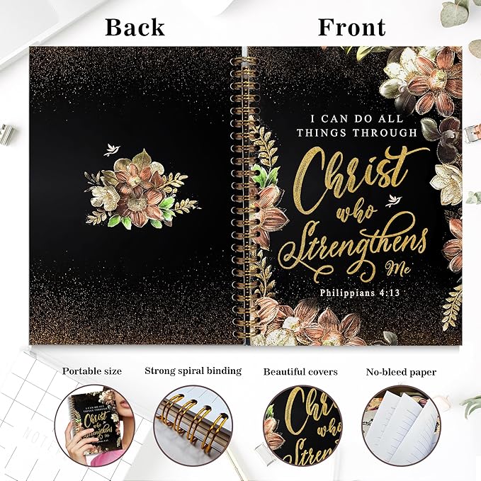 Bible Notebook, A5 Spiral Christian Journal with Floral Notebook, Bible Verse-I Can Do All Things Through Christ Who Strengthens Me, Inspirational Notebooks for Women, Gift for Birthday Christmas
