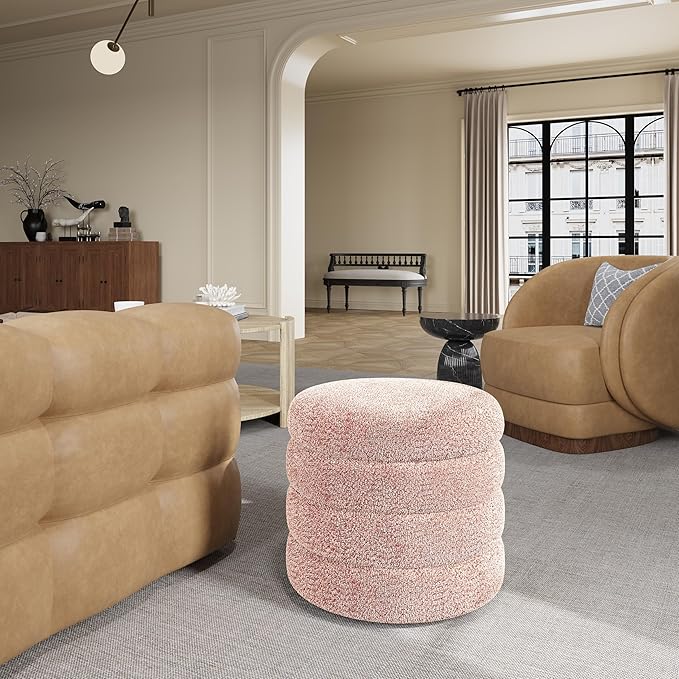 Storage Ottoman, Round Ottoman with Storage, Vanity Stool Foot Rest with Removable Lid, Round Boucle Upholstered for Living Room Pouf Footstool (Pink)