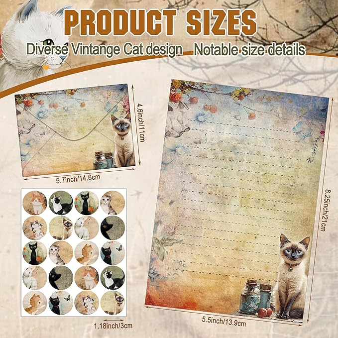 TaoBary 160 Pcs Stationery Paper Set 50 Double Sided Stationery Papers with 50 Matching Envelopes and 60 Round Dot Sticker, 10 Design(Cat,5.5 x 8.25 Inch)
