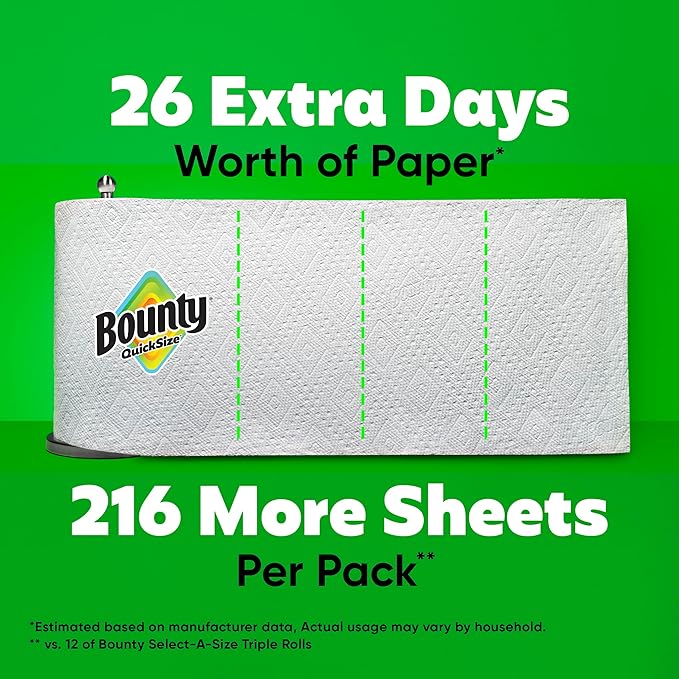 Bounty Quick-Size Paper Towels, White, 12 Family Triple Rolls = 40 Regular Rolls