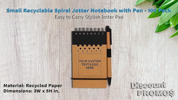 DISCOUNT PROMOS 100 Recyclable Spiral Small Notebooks Pack - Customizable Text, Logo - 60 Lined Pages - Black
