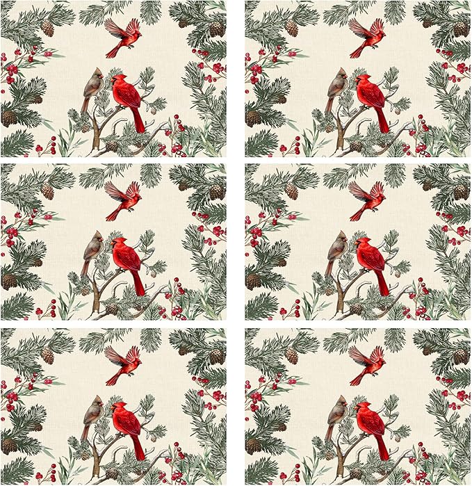 XCHI Cardinal Birds Winter Pine Tree Christmas Xmas Placemats Set of 6 Table Mats for Party Home Kitchen Dining Table Decorations 12x18 Inch