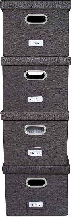 Internet's Best Collapsible File Storage Organizer with Lid - Decorative Linen Filing & Storage Office Box – Hanging Letter/Legal Folder – Home Office Bins Cabinet – Charcoal Container - 6 Pack