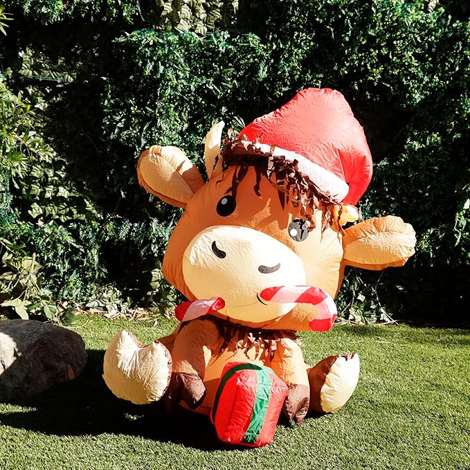 Alpine Corporation 41" Tall Inflatable Highland Cow Christmas Decor with Cool White LED Lights, 50 Lumen Outdoor Display