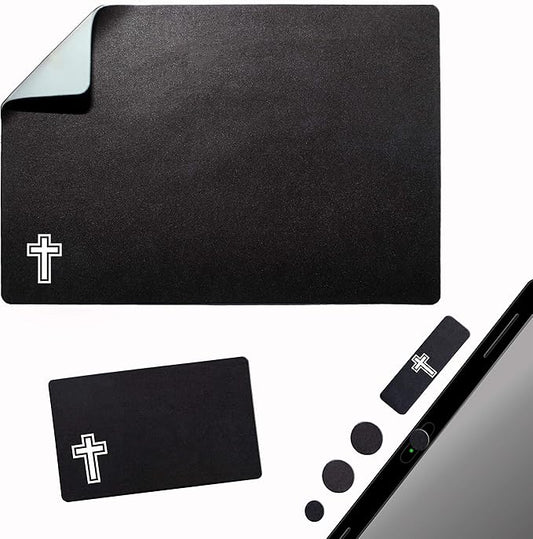 Mouse Pad Adhesive Bottom - Sticks to Any Surface - Portable - Webcam Covers and Screen Cleaner Included (Cross-Black)