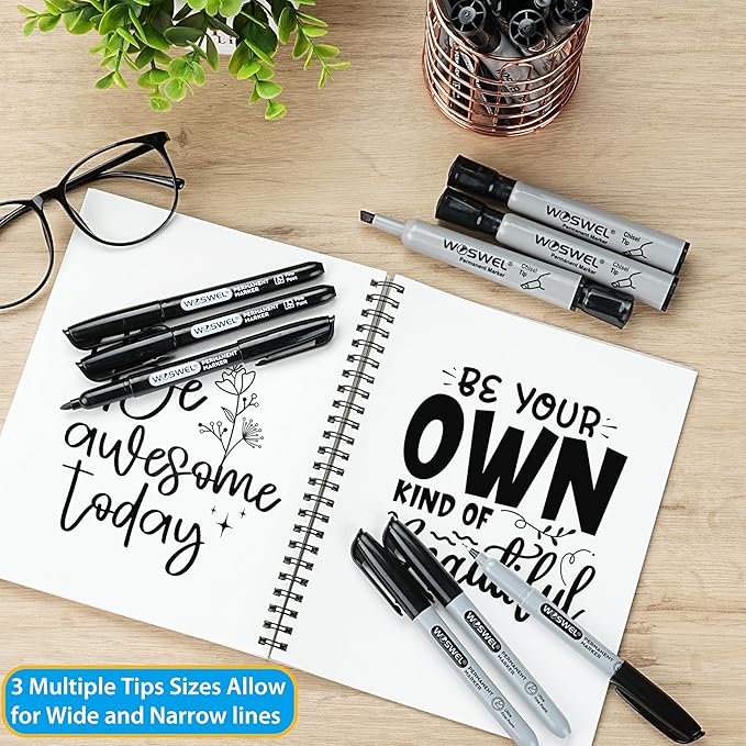 Permanent Markers 36 Variety Pack Bulk,Featuring Ultra-Fine,Chisel Tip,And Fine Tip Marker Set,Writing And Poster Black Markers,Works on Plastic,Wood,Stone,Metal and Glass for Doodling, Marking