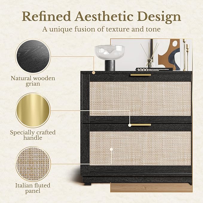 2 Drawer Rattan File Cabinet, 32'' Lateral File Cabinet for Legal/Letter/A4/F4 Size Hanging Files, Wood File Storage for Home Office, Black