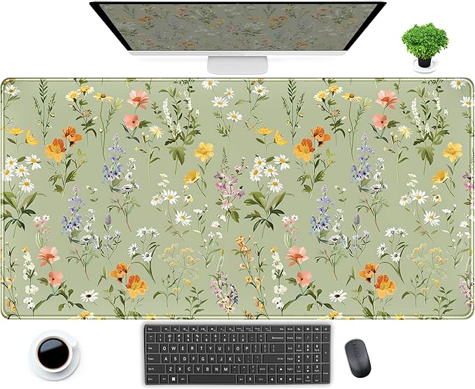 Cute Green Large Gaming Mouse Pad XXL Mousepad Sage Desk Mat with Stitched Edges, Aesthetic Computer Laptop Keyboard and Mouse Mat, Flower Plant Non-Slip Rubber Base Desk Pad 31.5x15.75 in