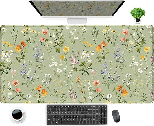 Cute Green Large Gaming Mouse Pad XXL Mousepad Sage Desk Mat with Stitched Edges, Aesthetic Computer Laptop Keyboard and Mouse Mat, Flower Plant Non-Slip Rubber Base Desk Pad 31.5x15.75 in