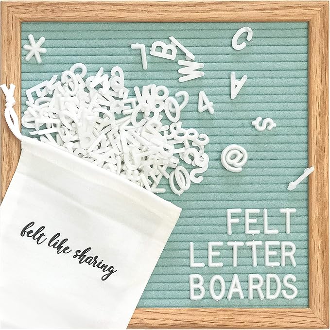 Light Seafoam Green Felt Letter Board, 10"x10" Changeable Letter Board + 300 White Plastic Letters, Warm Oak Frame Wooden Letter Board w/Sawtooth Wall Hanger & Drawstring Pouch w/Letterboard Letters