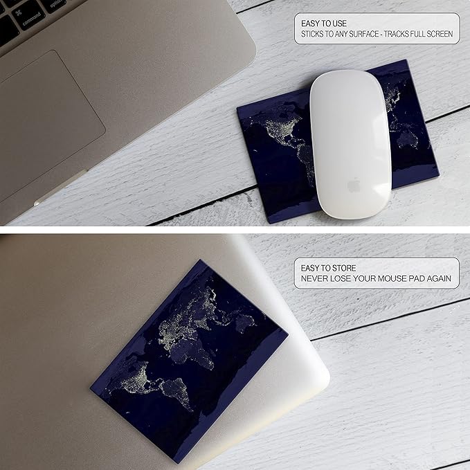 Adhesive Mouse Pad - Peel and Sticks to Any Surface - Travel Mouse Pad, Sticky for Any Surface - Excellent Tracking - Earth Night MAP