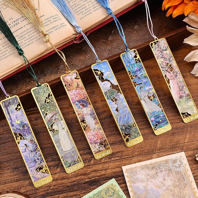 6 Pcs Vintage Oil Painting Metal Bookmarks Monet Theme Maiden Elegant Floral Classic Art Style Artistic Book Mark Reading Girl Unique Book Lover Gifts for Women, Readers & Bibliophiles