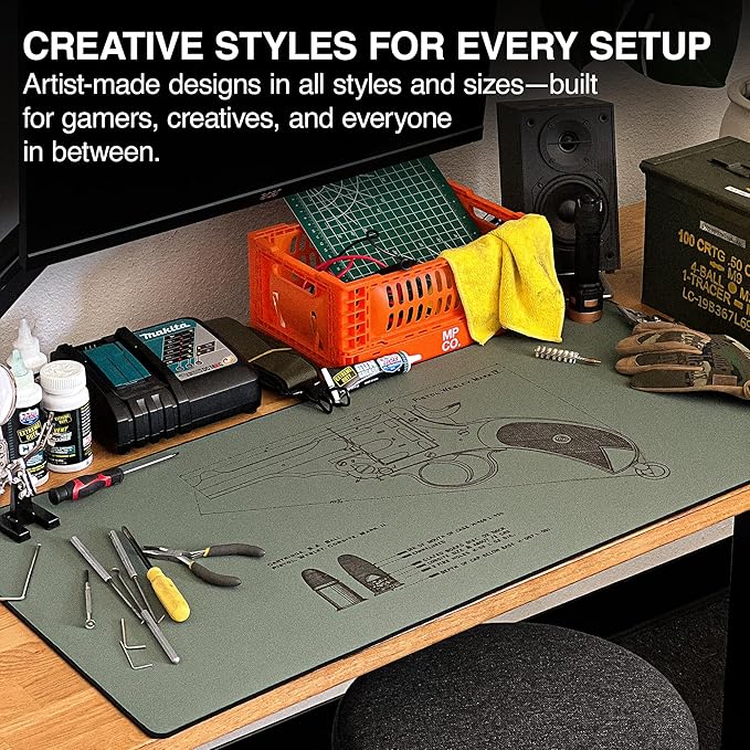MPCO. Blueprints Large Gaming Desk Pad - 36" x 17" Aeroglyde Fabric Pistol Webly Mark IV – Green Desk Mats - Non-Slip, Washable, Smooth Glide for Precision Gaming & Work