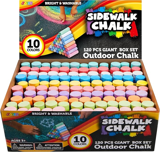 JOYIN 120 PCS Sidewalk Chalks for Kids Giant Box Non-toxic Jumbo Colored Washable Sidewalk Chalk for Toddlers in 10 Colors