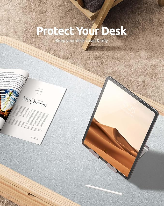 YSAGi Leather Desk Pad Protector, Office Desk Mat, Large Mouse Pad, Non-Slip PU Leather Desk Blotter, Laptop Desk Pad, Waterproof Desk Writing Pad for Office and Home (Silver, 35.4" x 17")