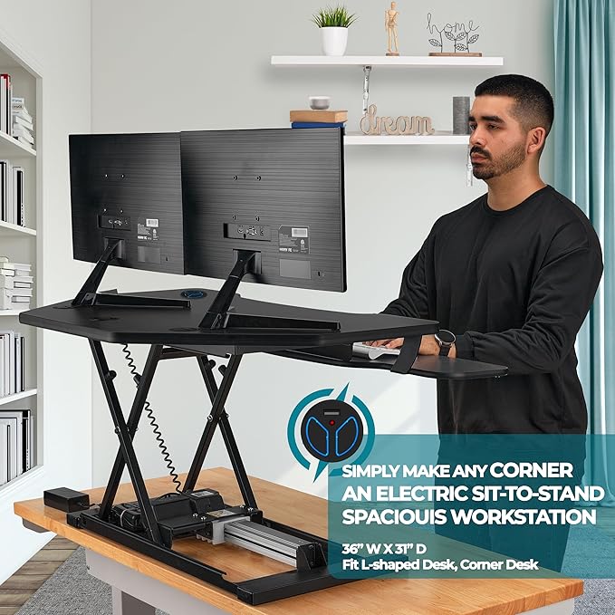 VERSADESK® PowerPro™ 36" Corner Standing Desk Converter, 36 Inch Motorized Height-Adjustable Standup Desk Riser Sit to Stand Desktop with Keyboard and Mouse Tray + USB Charging Port, Black