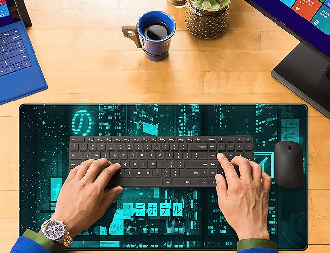 Cyan Green Japanese Desk Mat, Neon Tokyo Extended Mouse Pad Anime Cat Desk Pad, Gaming Mousepad XXL, Large Keyboard Mat for Gamers, Cool Computer Mat for Desk with Stitched Edges 31.5X15.7 in