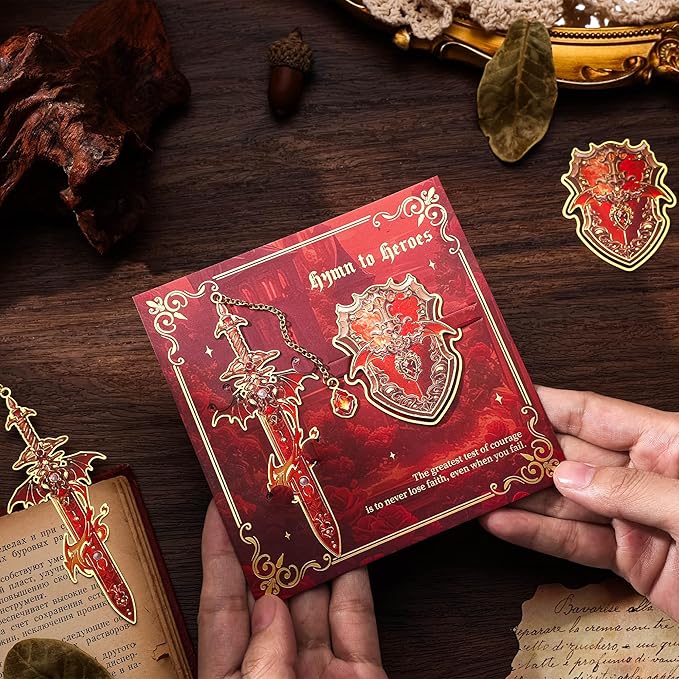 Dragon Knight Metal Bookmark & Book Clip Set - Sword Book Mark with Pendant & Shield Page Marker Clip - Fire Red Fantasy Gift for Men, Women, Kids, Readers, Book Lovers, RPG Gamers | Hymn to Heroes
