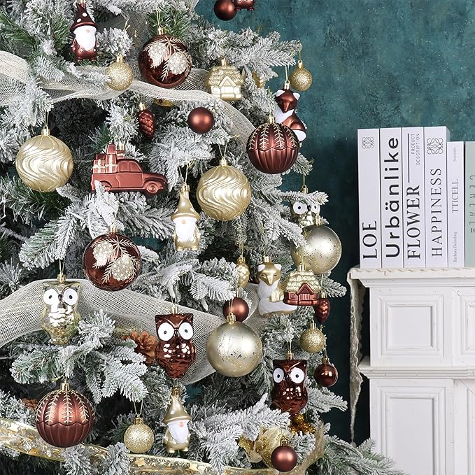 75PCS Brown and Gold Christmas Ornaments Set, Shatterproof Autumn Christmas Tree Ornaments, Assorted Hanging Ball Ornaments for Xmas Trees, Holiday, Thanksgiving, Party Decor(Brown & Gold)