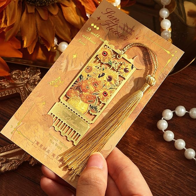 4 Pieces Metal Bookmarks with Tassel, Golden Hollow Bookmark Monet Oil Painting Theme Book Mark Bookmarks for Book Lovers Writers Readers Children Teens for Women Teen Adults