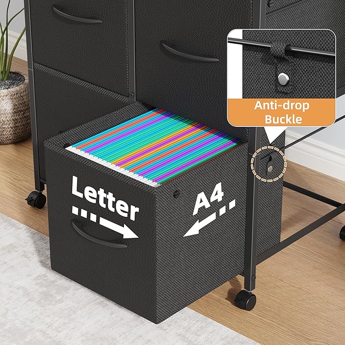 Lateral File Cabinet 4 Fabric Drawer, Mobile Filing Cabinet for Large Printer, Home Office Functional Small Office Storage Cabinet & Printer Stand, Fits Letter Size, Black