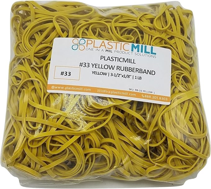 PlasticMill Yellow Rubber Bands Size 33 (3 1/2" x 1/8") - #33 Colored Rubber Bands Office Supplies - Strong, Elastic Bands for Crafts, Balloon Garland, Cash, File Folders (1,000-Pack)