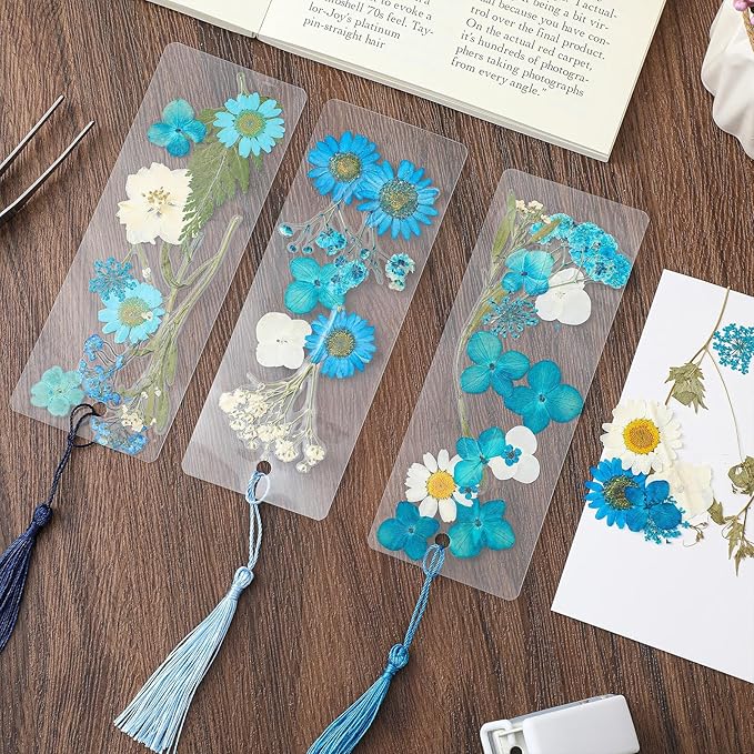 150 Pcs DIY Pressed Dried Flower Bookmark Making Kit, DIY Bookmark Bulk Thanksgiving Teacher Gifts for Reading Women Book Lovers(2 x 6 Inch,Blue Color)