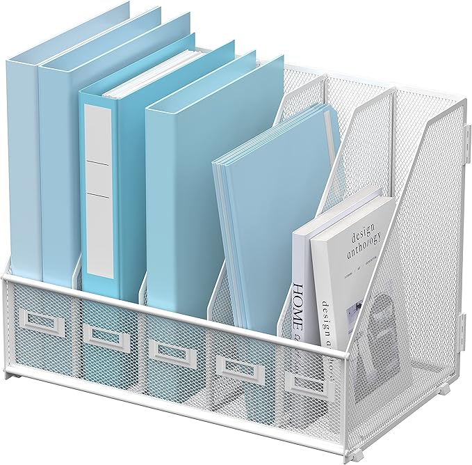 SUPEASY Desk Organizers Metal Desk Magazine File Holder with 5 Vertical Compartments Rack File Organizer for Office Desktop, Home Workspace, White