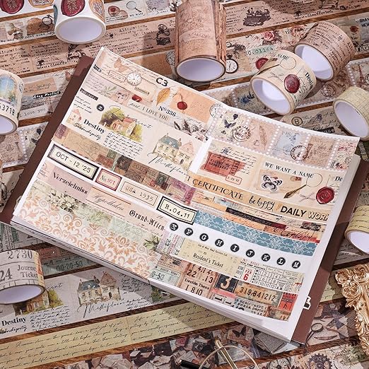 34 Rolls Vintage Washi Tape Set,Letter Map Stamp Stripe Literature Art Writable Aesthetic Washy Decorative Tapes for Scrapbooking, Junk Journal Supplies, Bullet Journaling 5-50mm Wide (3m Long)/Roll