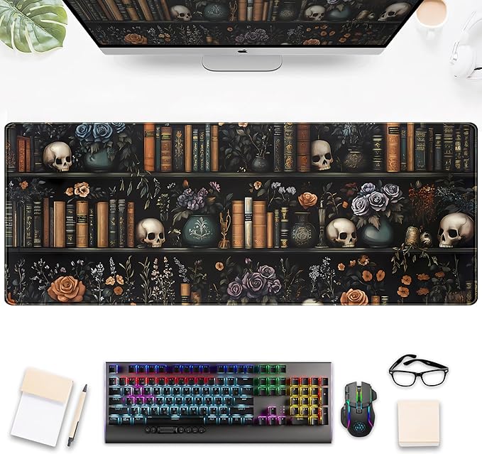 Dark Bookshelf Desk Pad Gothic Gaming Mouse Mat XL, Black Large Computer Keyboard Mat Mystery Flowers Desk Mat, Cool Mouse Pad Full Desktop Mat, Vintage Desk Decor Accessories 31.5" x 11.8"