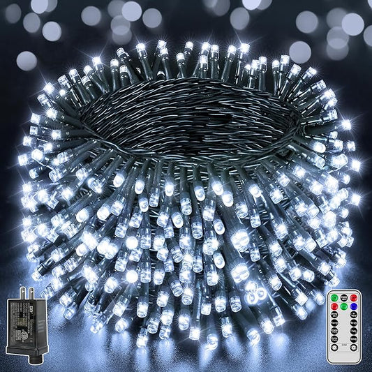 1000 LED 328 FT Outdoor String Lights with Remote and Timer, Dimmable with 8 Modes, Waterproof, Cool White Fairy Lights for Christmas Tree & Holiday Decor