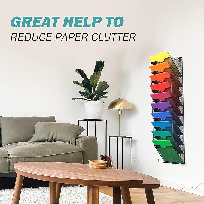 10-Tier Wall Mounted Hanging File Organizer Metal Mesh Wall Organizer Wall File Holder Magazine Rack for Office Classroom Organization