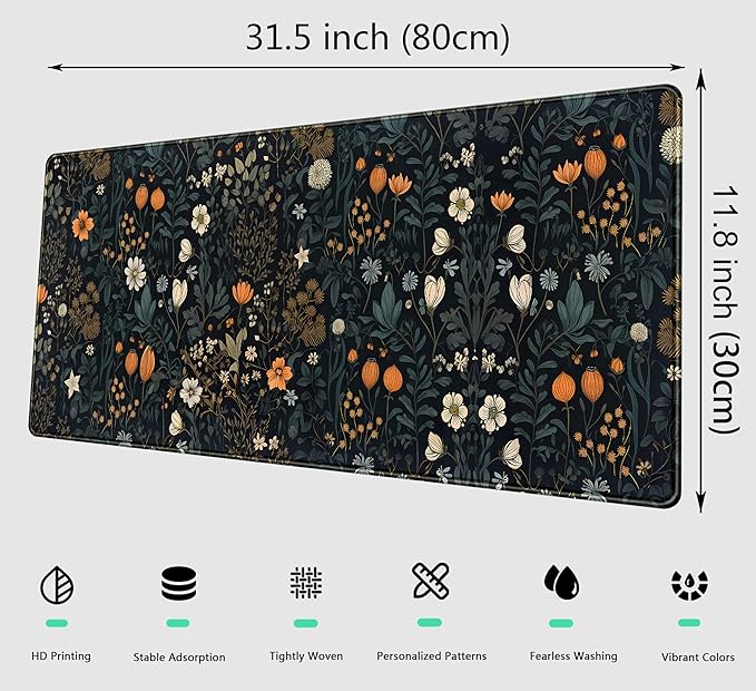 Retro Dark Floral Desk Mat Cute Plant Flowers Mouse Pad XL Large Desk Pad Aesthetic Sage Desk Matt for Desktop, Laptop Computer Keyboard Mouse Mat for Women Office Decor Accessories 31.5x11.8 in