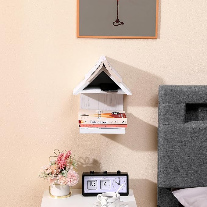 Wooden Floating Bedside Bookshelf, Desktop Book Stand, Mini Library Shelf for Glasses, Side Table Book Lover Organization (White)